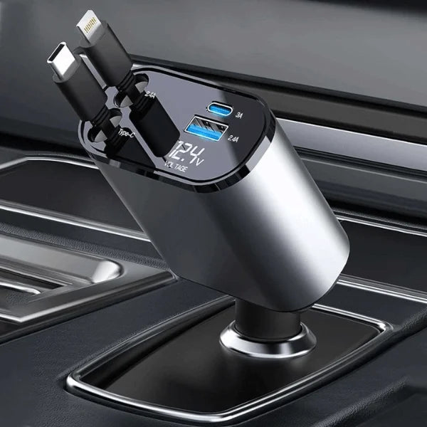 4-in-1 Car Fast Charger with Retractable iPhone & Type-C Cables, PD & USB Ports – Universal Multi-Device Charging Solution with Laser Starry Light