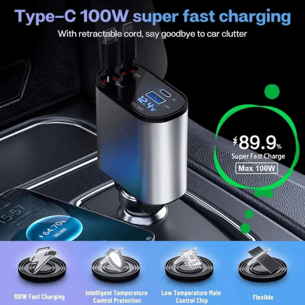 4-in-1 Car Fast Charger with Retractable iPhone & Type-C Cables, PD & USB Ports – Universal Multi-Device Charging Solution with Laser Starry Light