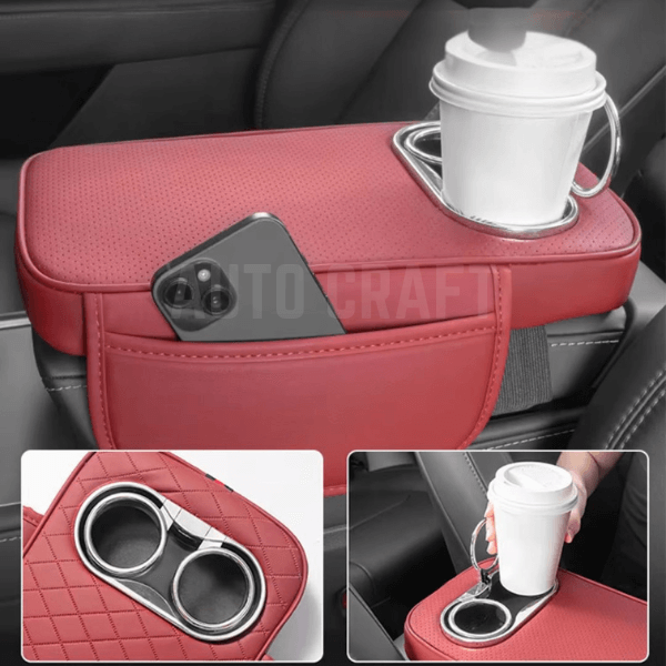 Universal Car Center Console Armrest Cushion with Cup Holder - Red