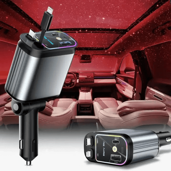 4-in-1 Car Fast Charger with Retractable iPhone & Type-C Cables, PD & USB Ports – Universal Multi-Device Charging Solution with Laser Starry Light